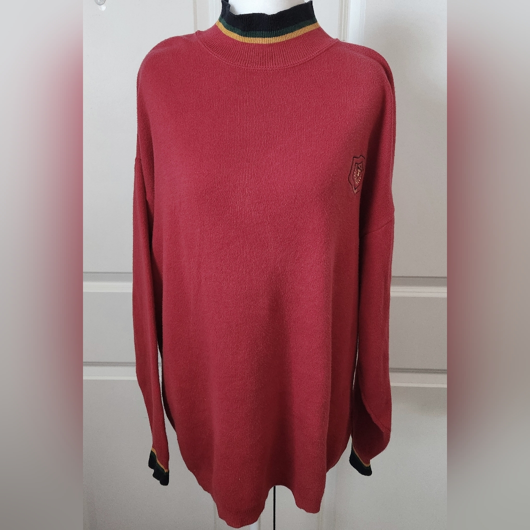 Vintage Liz & Co. Women' S Oversized Red Sweater W/ Multi Color Trim Size Med